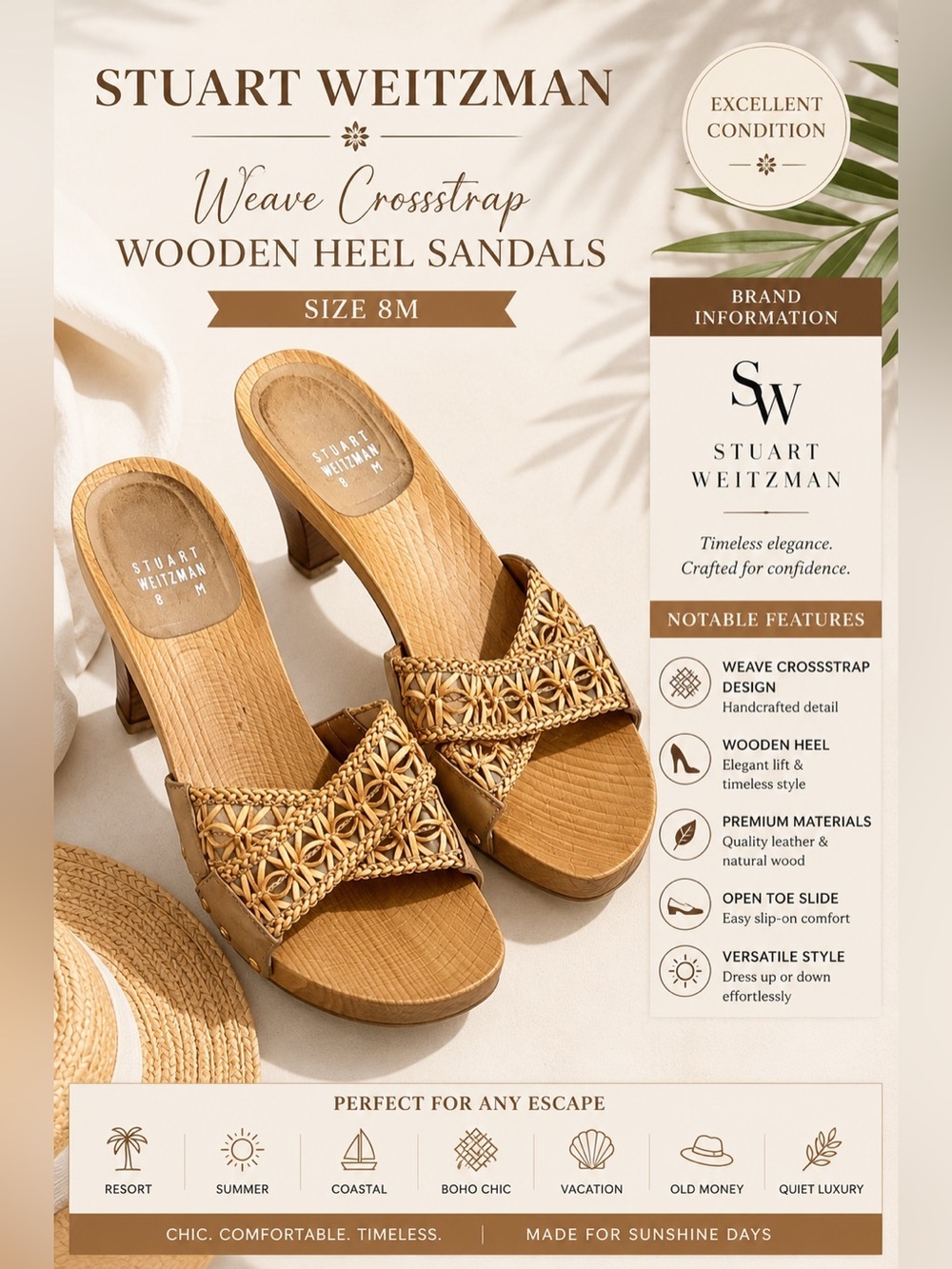 Stuart Weitzman Woven Leather Slide Sandals Wooden Heel Tan 8M Coastal Resort